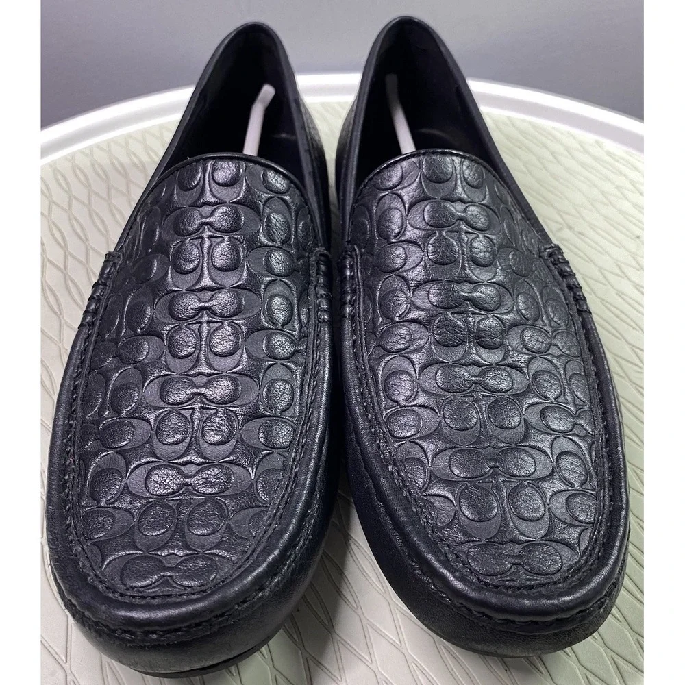 Coach Black‎ Leather Jake 6CM Men's Driving Loafer Shoes Signature C 7.5 M EUC